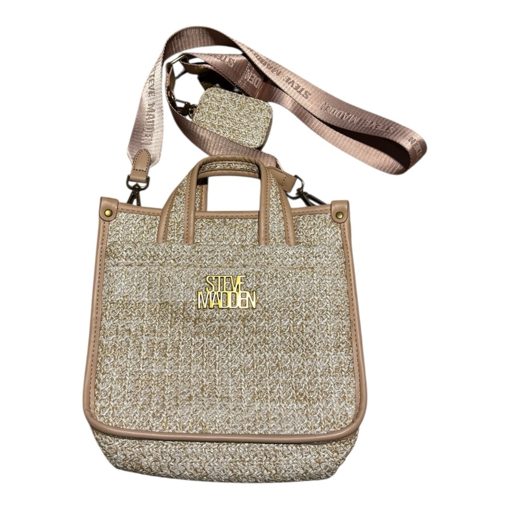 Steve Madden Beige Straw Tote Crossbody with Adjustable Strap & AirPod Case
